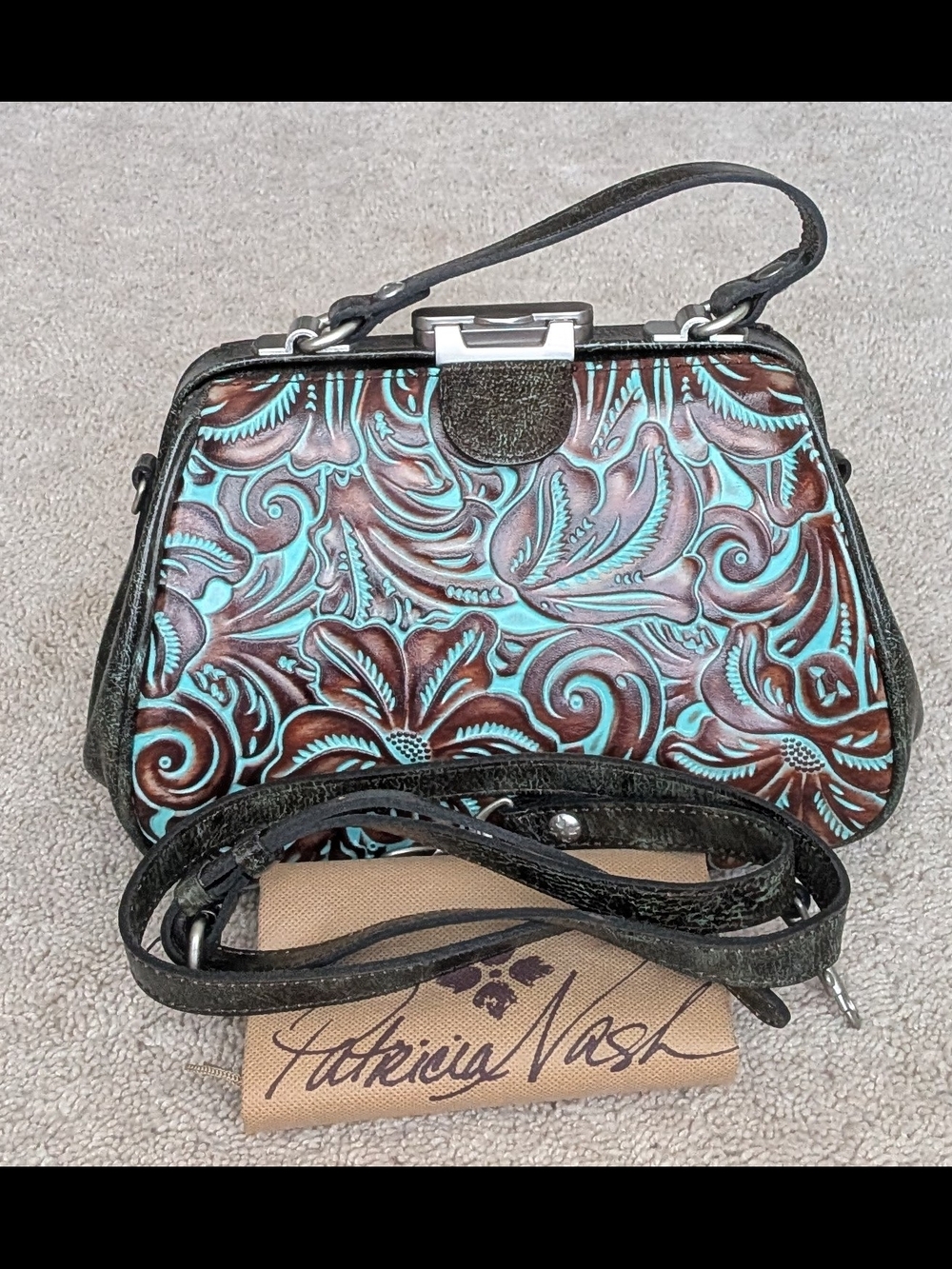 Patricia Nash Teal & Brown Floral Tooled Leather Satchel. New Without Tag